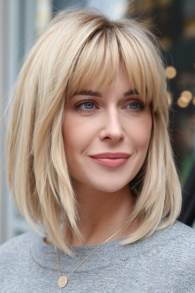 Soft Blonde Lob with Blunt Bangs