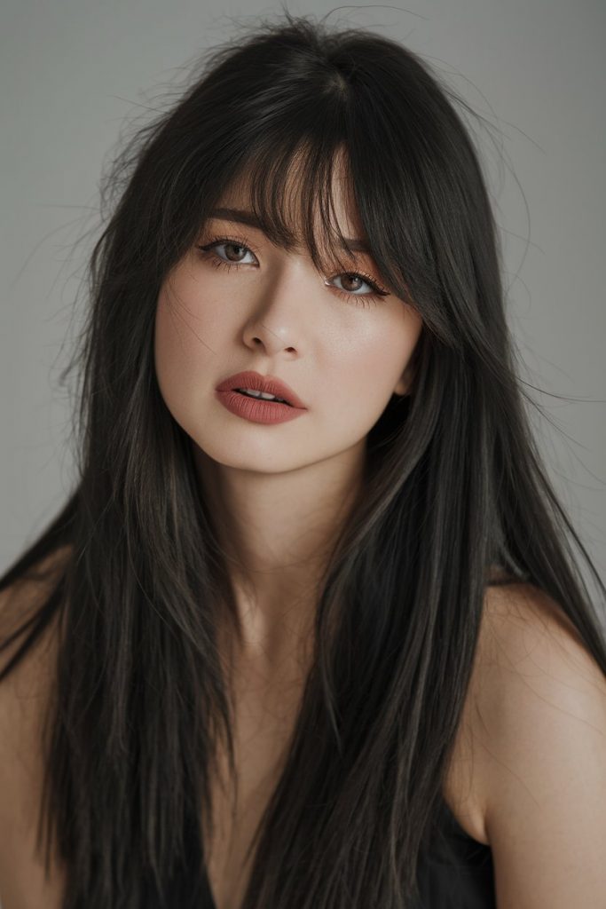 Jet Black Elegance with Sleek Bangs