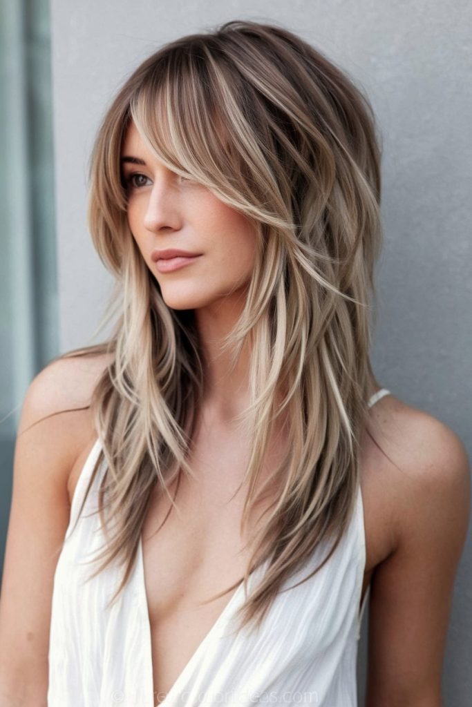 Long Layered Blonde Cut with Face-Framing Bangs