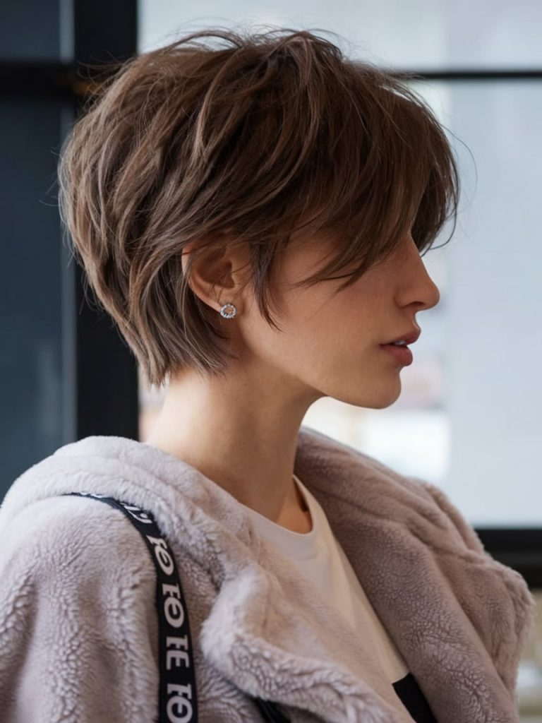 Layered Brunette Pixie with Soft Texture