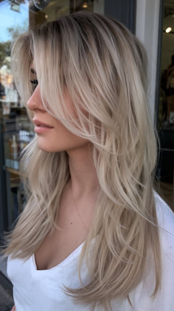 Platinum Blonde Layered Cut with Feathered Ends