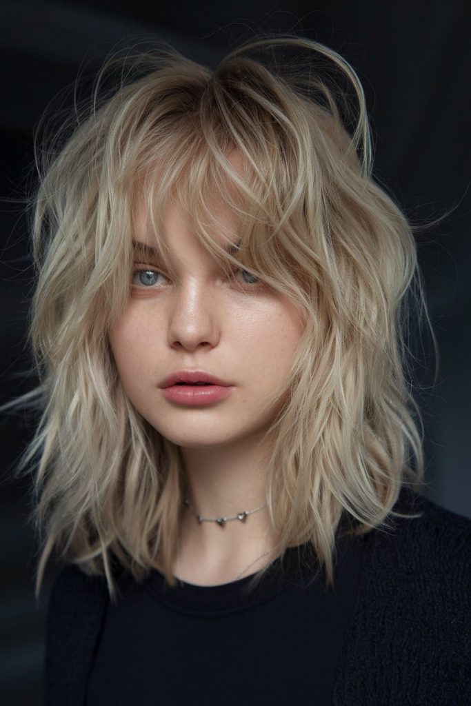 Tousled Blonde Shag with Choppy Bangs