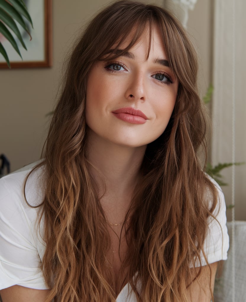 Classic Brunette Waves with Curtain Bangs