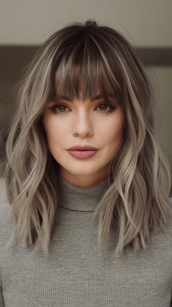 Ashy Gray Textured Lob with Curtain Bangs