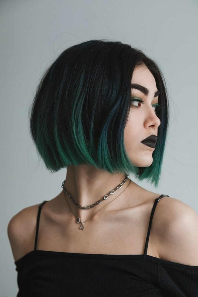 Edgy Bob with Green Highlights