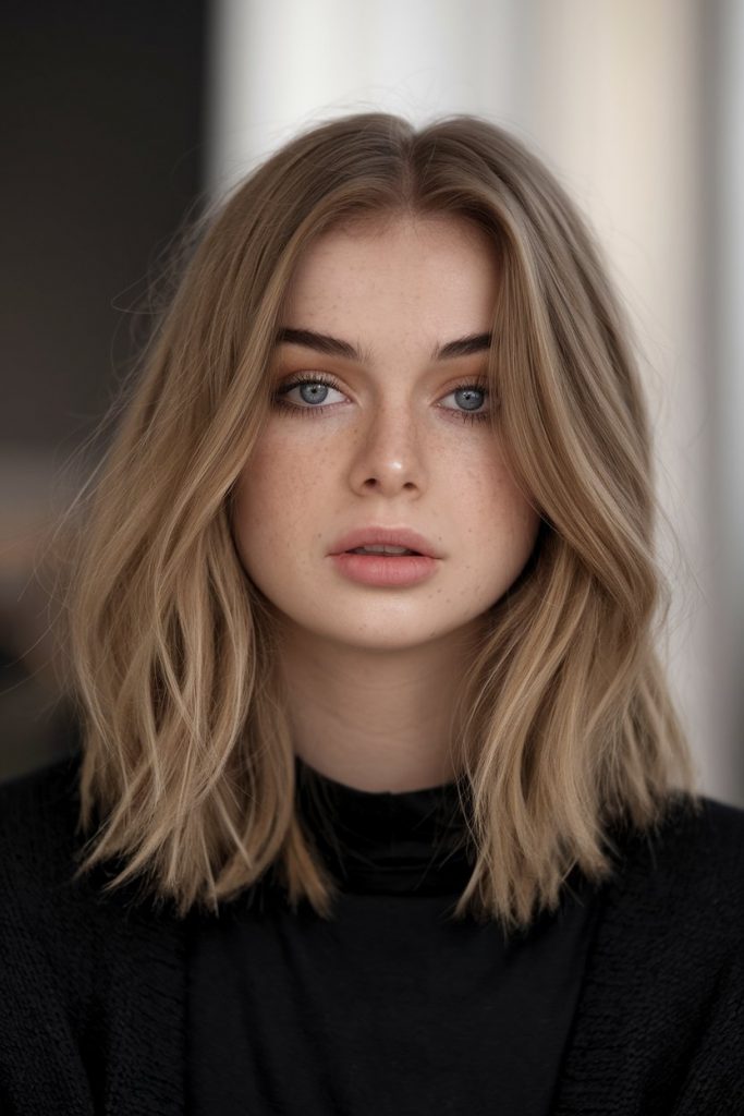 Smoky Beige Blonde Lob with Soft Waves