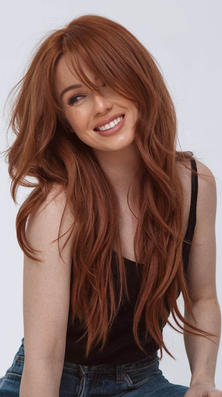 Auburn Layers with Curtain Bangs