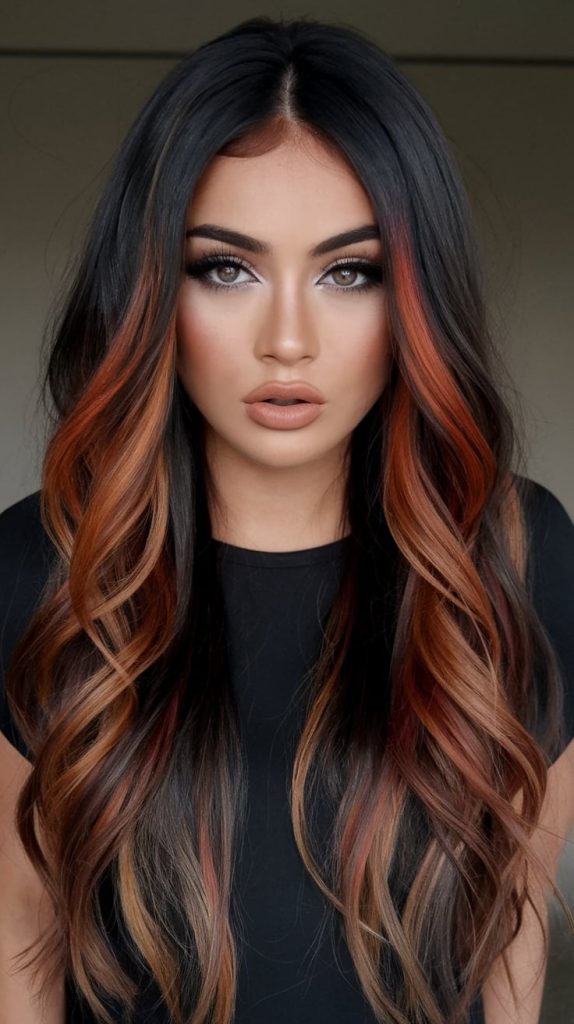 Burnt Orange Highlights on Black Hair