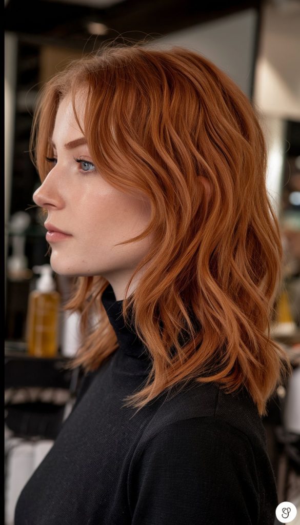 Layered Copper Lob with Face-Framing Waves