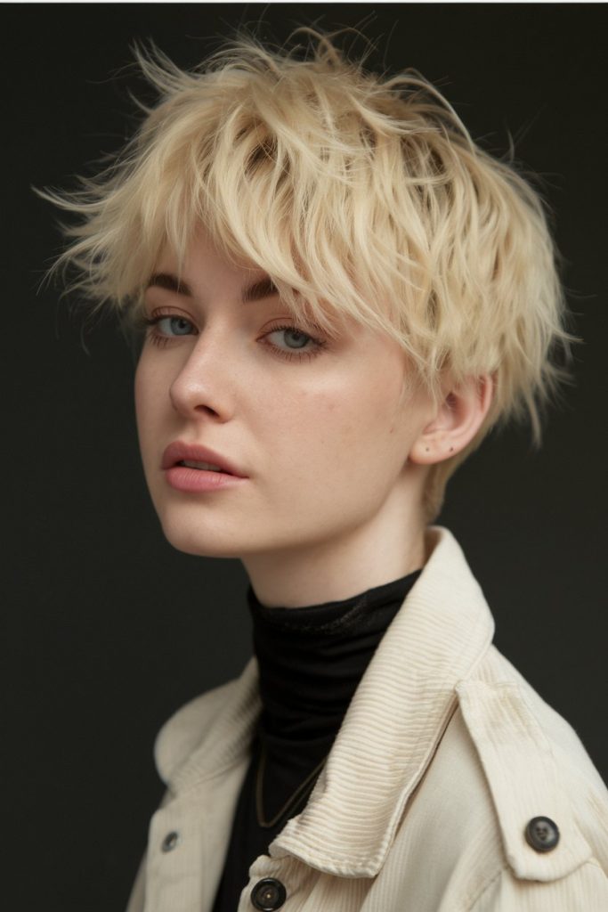 Platinum Blonde Shaggy Pixie with Soft Fringe