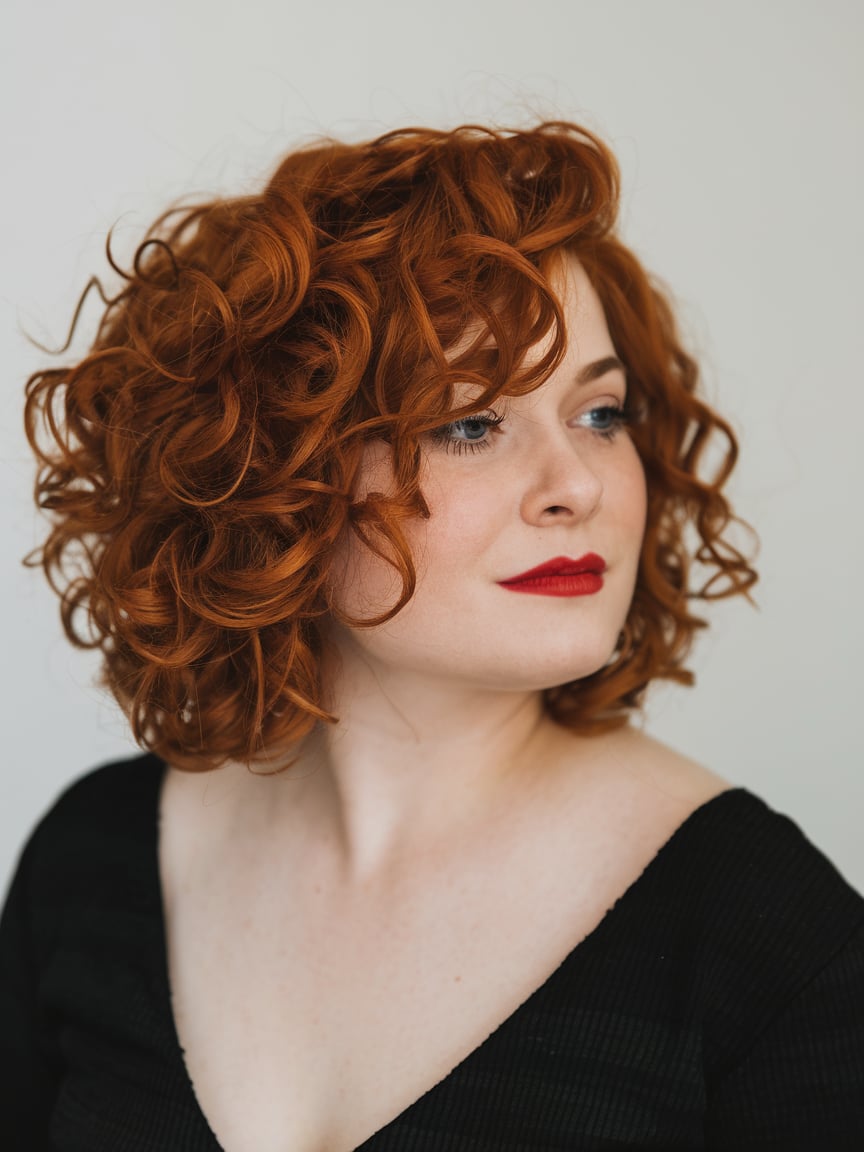 Curly Bob with Vibrant Red Tones