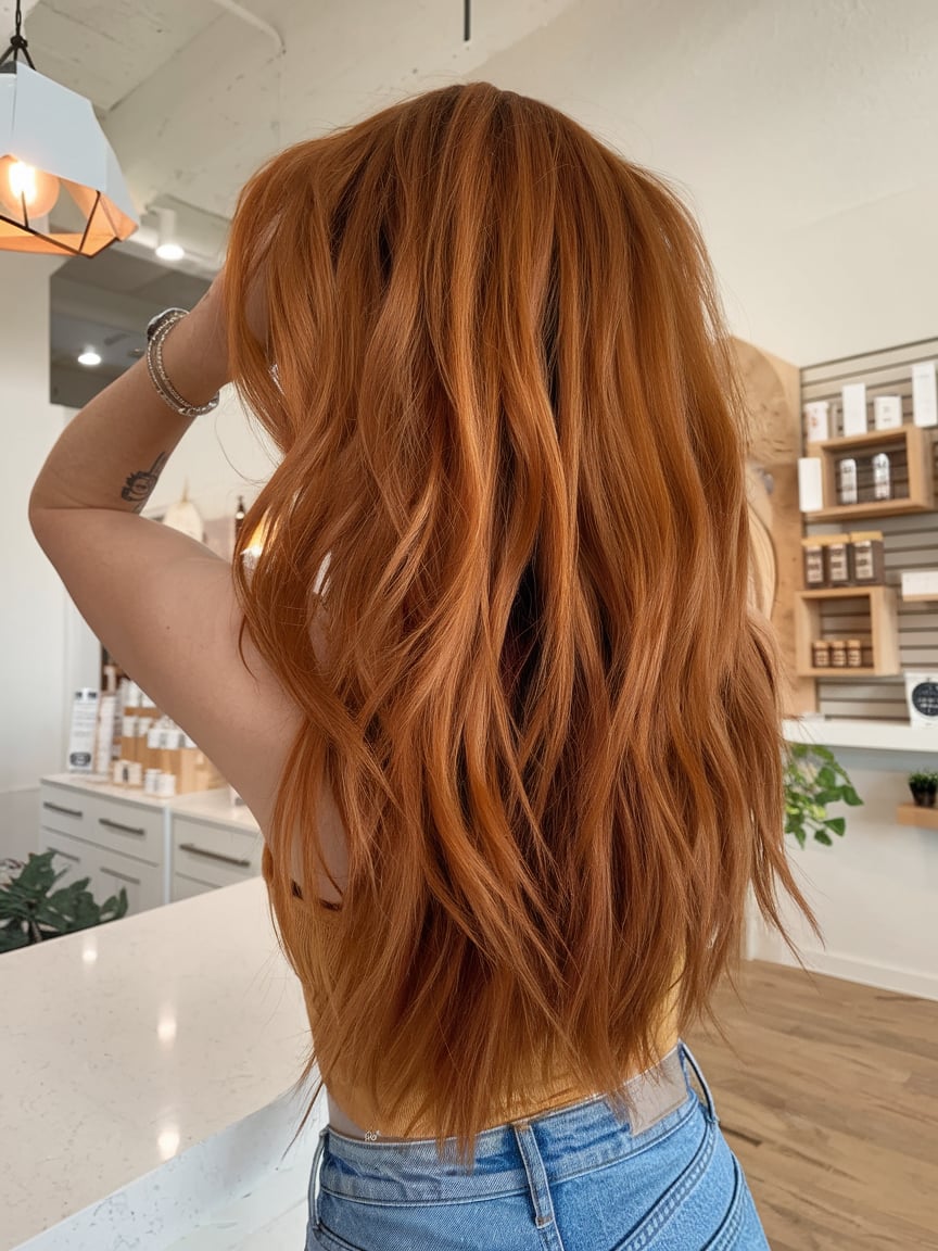 Tousled Auburn Waves with a Sunlit Glow
