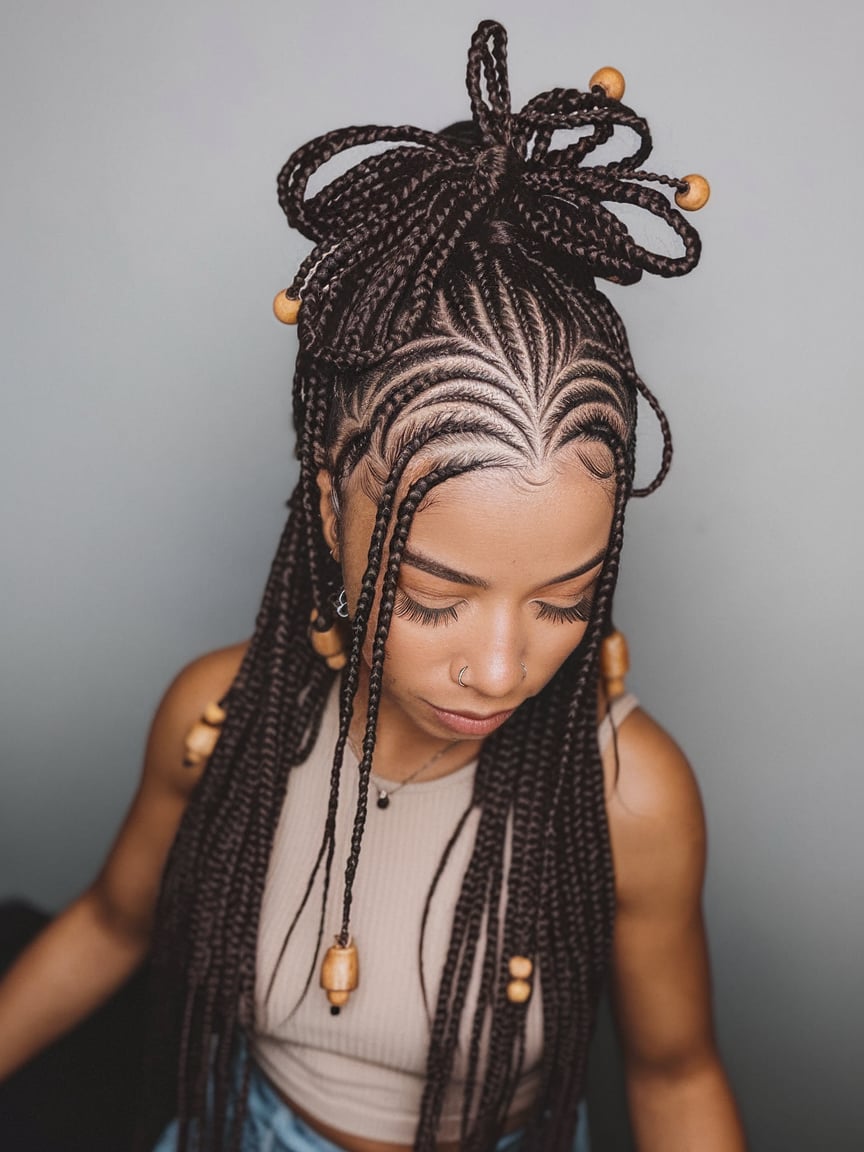 High Braided Bun with Bead Accents