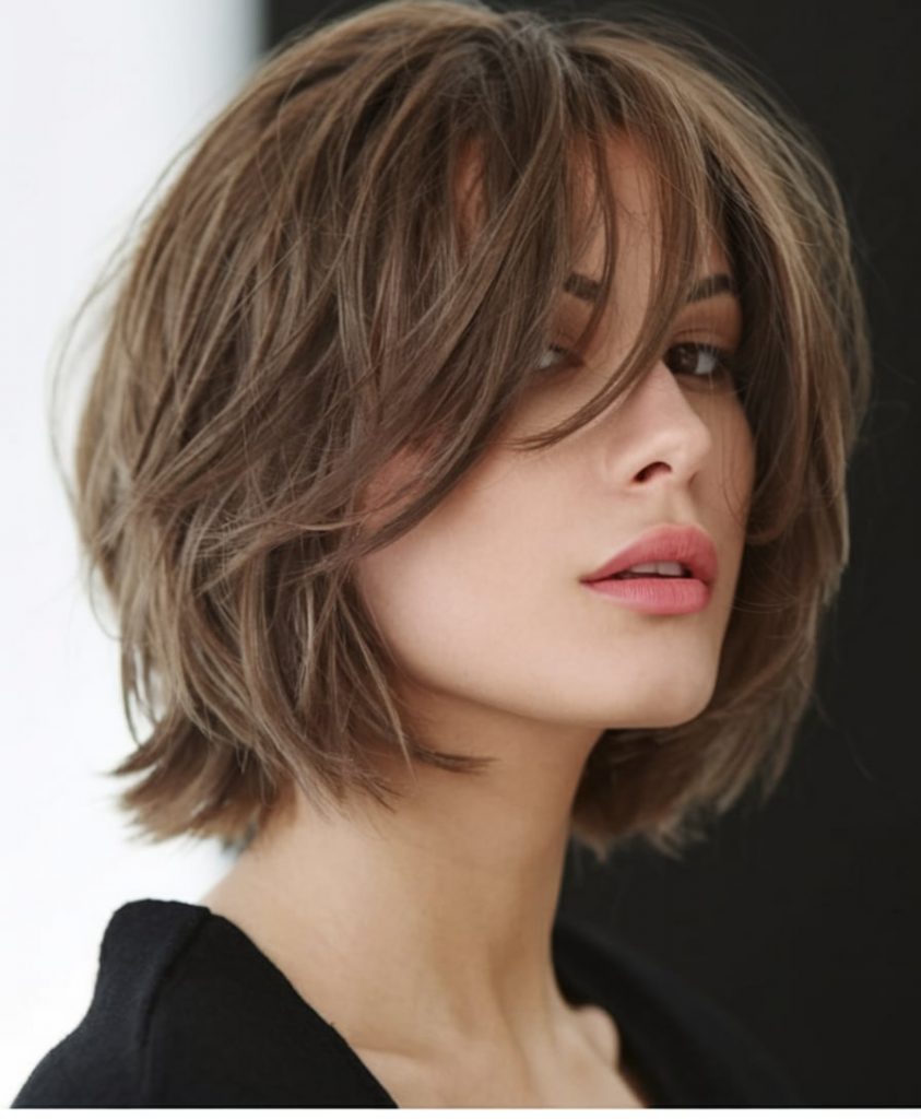 Tousled Brunette Bob with Wispy Bangs