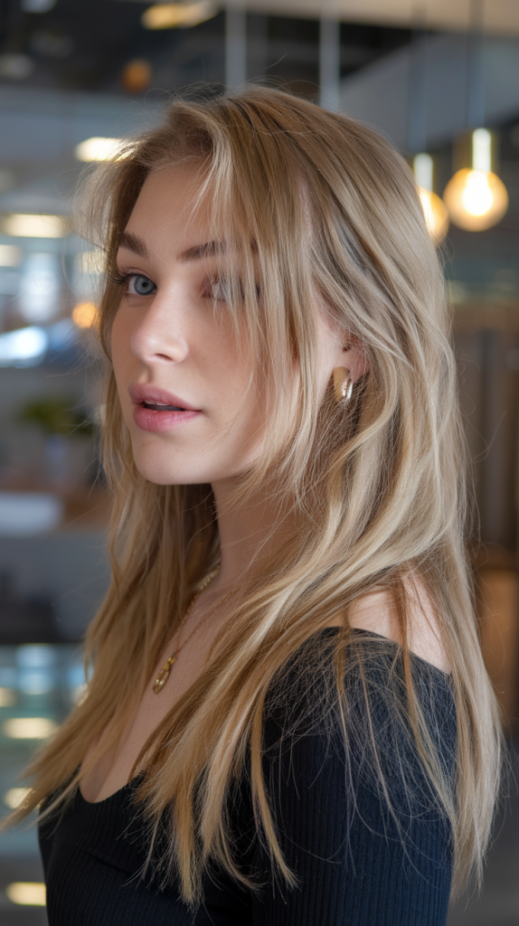 Stylish Curtain Bangs and Long Layers