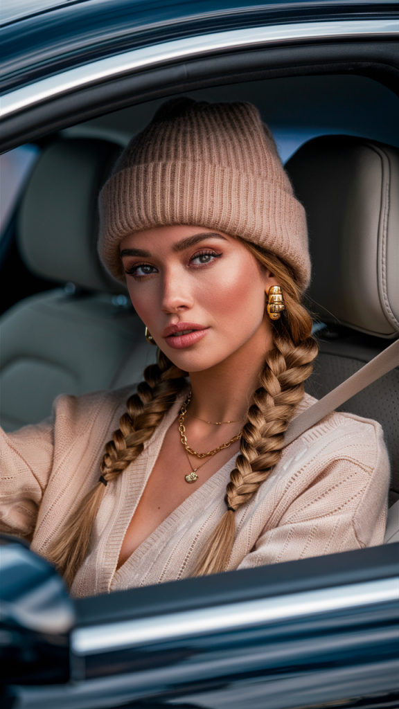 Playful Winter Braids with Beanie
