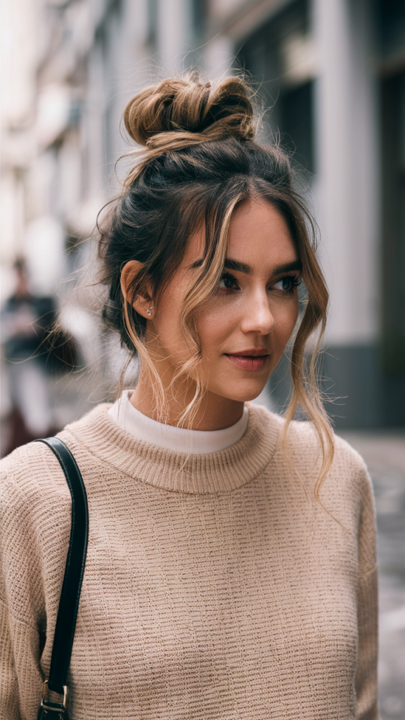 Messy Bun with Face-Framing Strands
