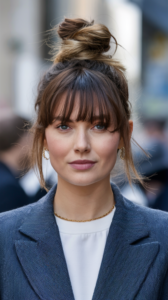 Messy Top Knot with Wispy Bangs