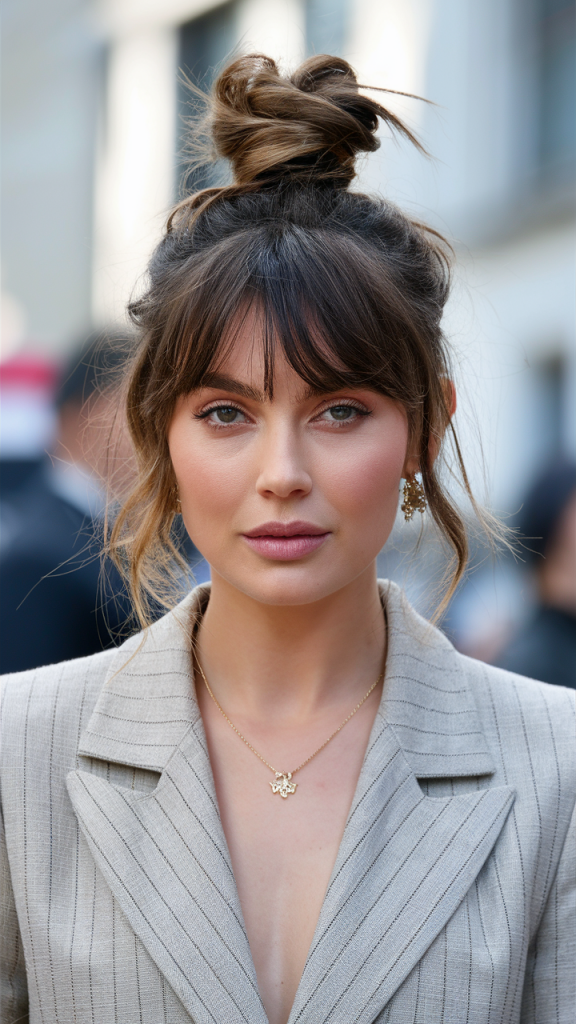 Messy Top Knot with Wispy Bangs